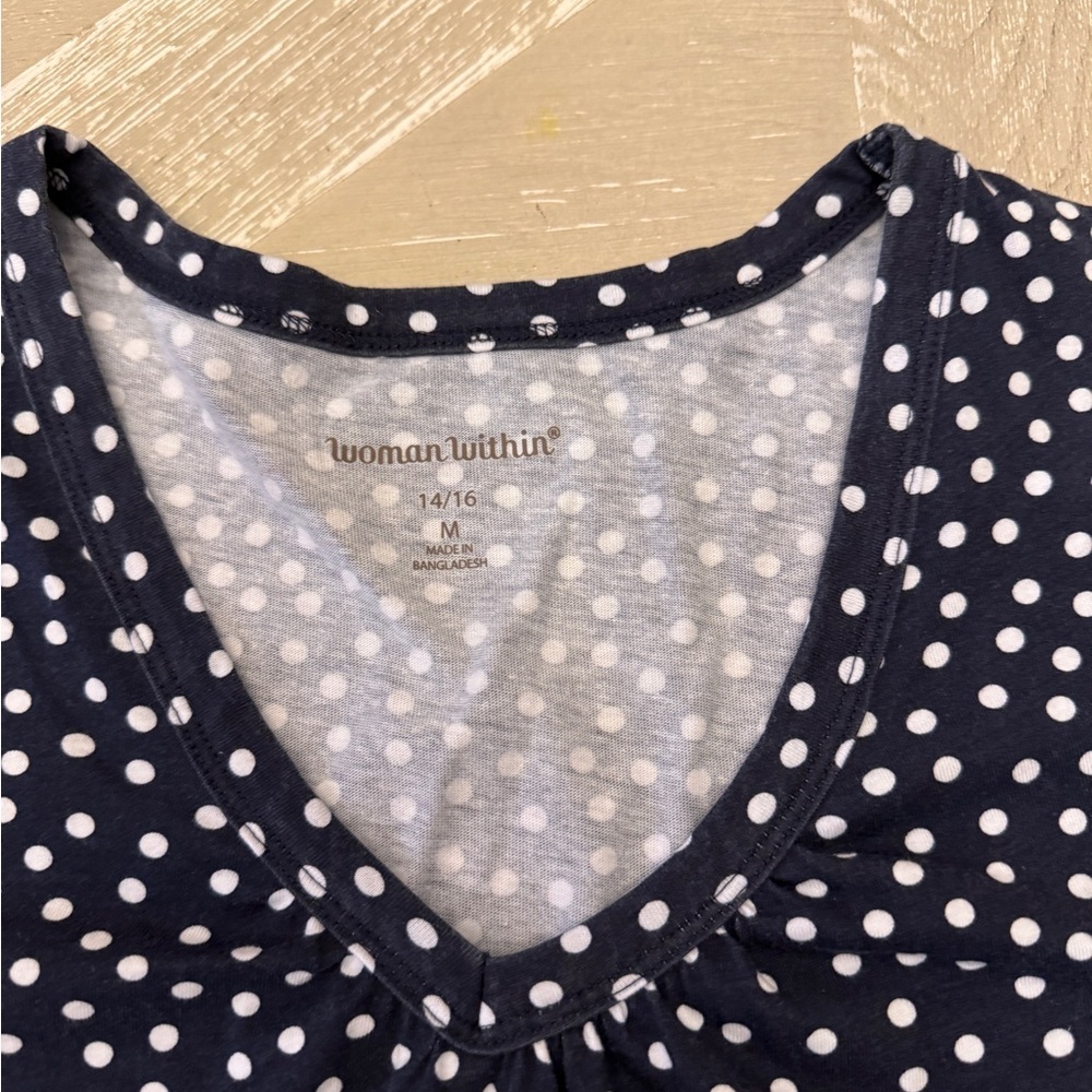 Woman Within Navy Polka Dot V-Neck Short Sleeve Top - Picture 2 of 4